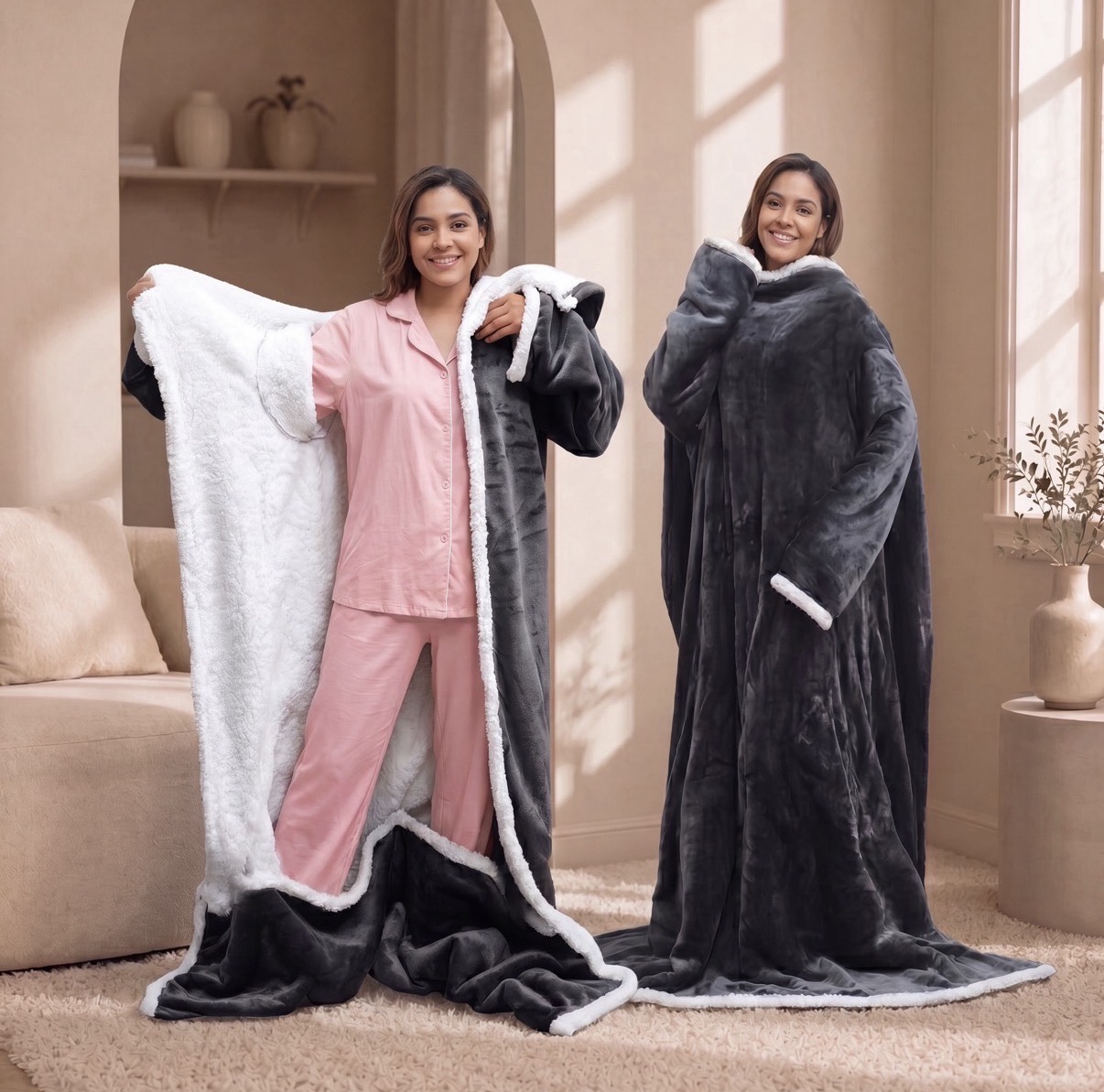 Two standing views of the Charcoal Grey Heat Robe, open to show its white lining and wrapped around the body.