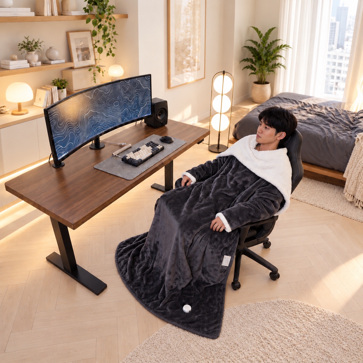 A man seated at a desk wearing the Charcoal Grey Heat Robe, showing seated coverage.
