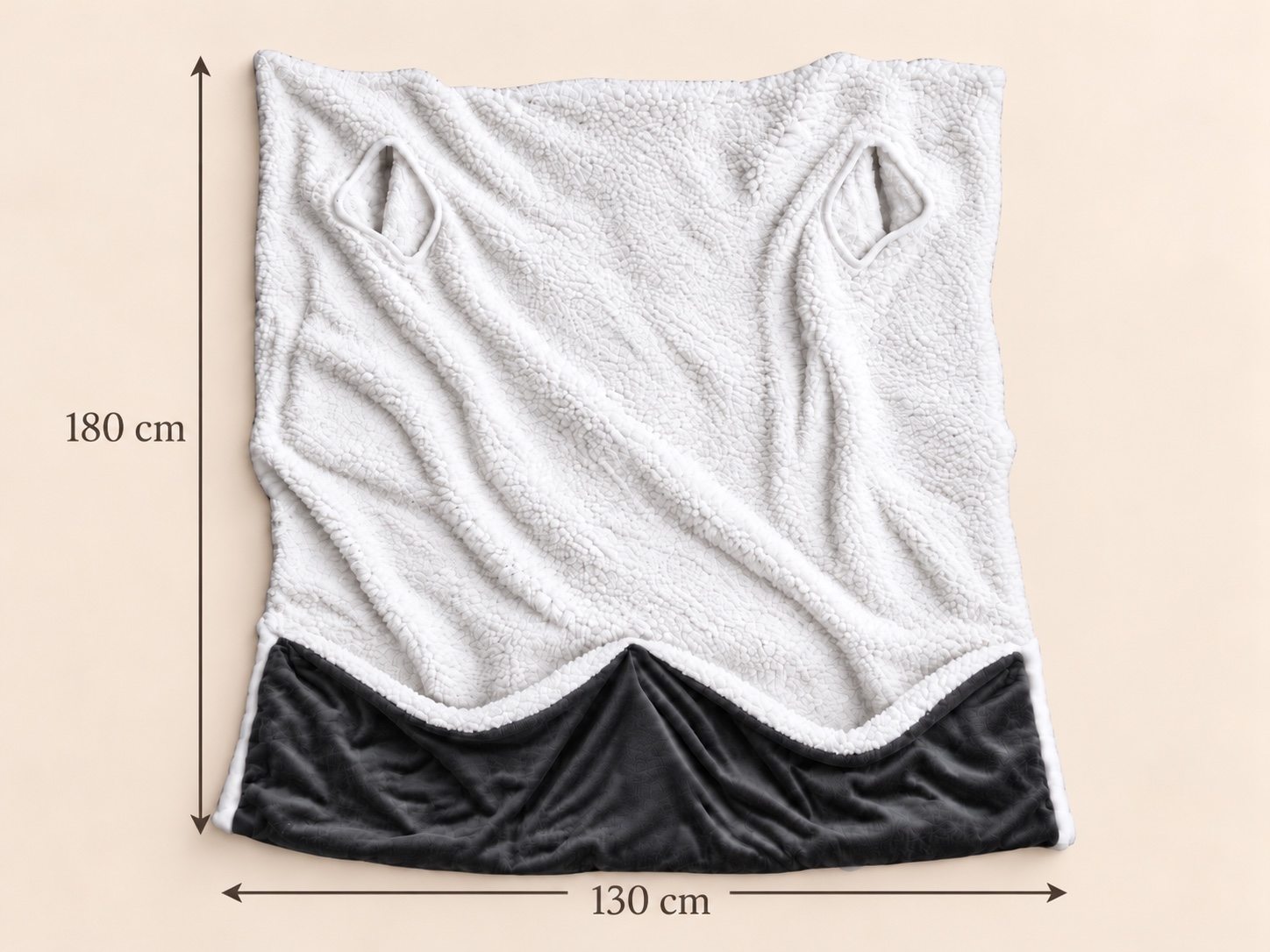 The Heat Robe laid flat on a cream background, with a vertical arrow along the left side labelled 180 cm for its total length and a horizontal arrow beneath labelled 130 cm for its total width.