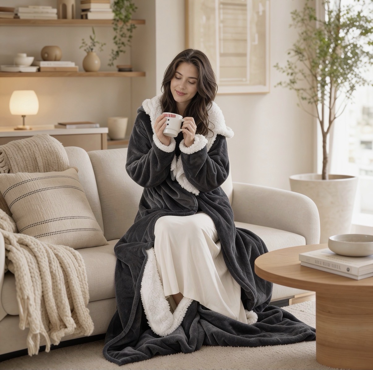 A woman sitting on a sofa holding a mug while wearing the Charcoal Grey Heat Robe.